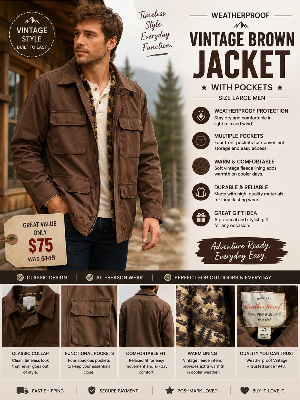 Weatherproof Vintage Brown Jacket with Pockets Size Large Men - Picture 1 of 11